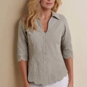 Soft Surroundings Gray Scallop Embroidered Half Sleeve Button Down Blouse